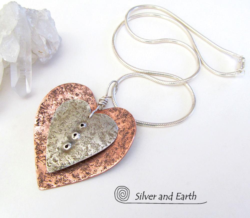 Nesting Heart Necklace with Sterling Silver & Copper - Unique Romantic Jewelry