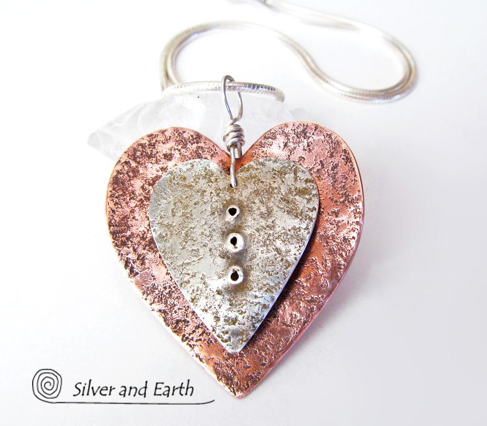 Nesting Heart Necklace with Sterling Silver & Copper - Unique Romantic Jewelry