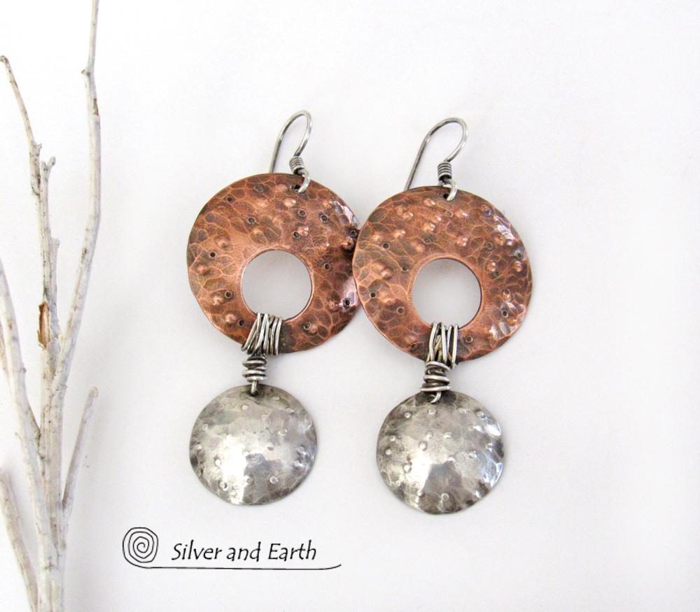 Mixed Metal Copper & Sterling Silver Earrings - Hand Forged Mixed Metal Jewelry