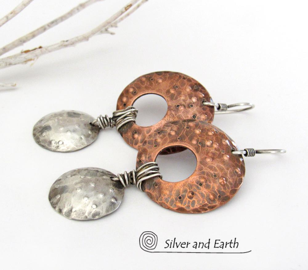 Textured Mixed Metal Copper & Sterling Silver Earrings - Hand Forged Mixed Metal Jewelry