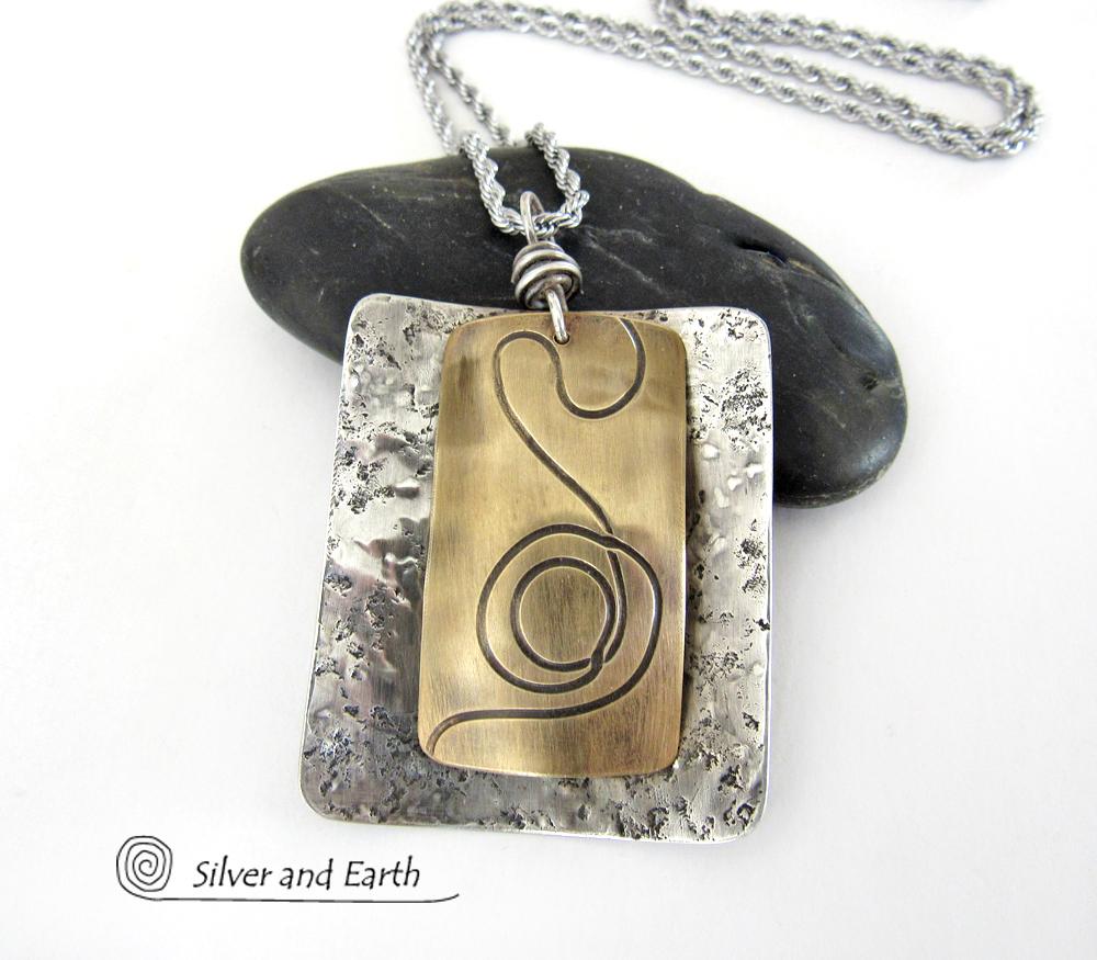 Textured Mixed Metal Necklace with Sterling Silver & Brass - Modern Jewelry