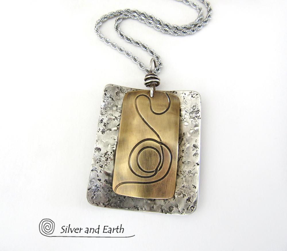 Textured Mixed Metal Necklace with Sterling Silver & Brass - Modern Jewelry