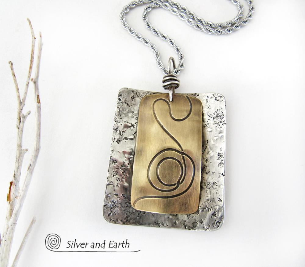 Textured Mixed Metal Necklace with Sterling Silver & Brass - Modern Jewelry