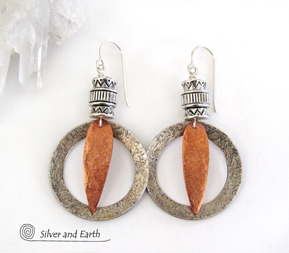 Tribal Sterling Silver & Copper Hoop Earrings - Boho Tribal Mixed Metal Jewelry