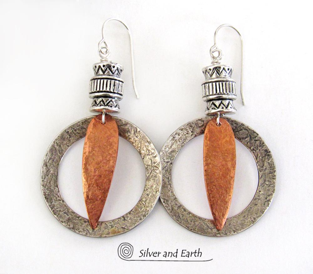 Tribal Sterling Silver & Copper Hoop Earrings - Boho Tribal Mixed Metal Jewelry