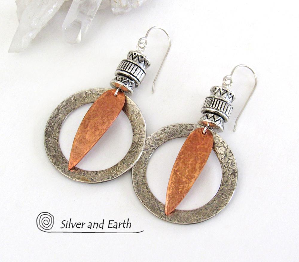 Tribal Sterling Silver & Copper Hoop Earrings - Boho Tribal Mixed Metal Jewelry