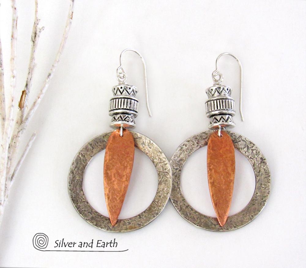 Tribal Sterling Silver Copper Hoop Earrings Boho Mixed Metal Jewelry Silver and Earth Jewelry