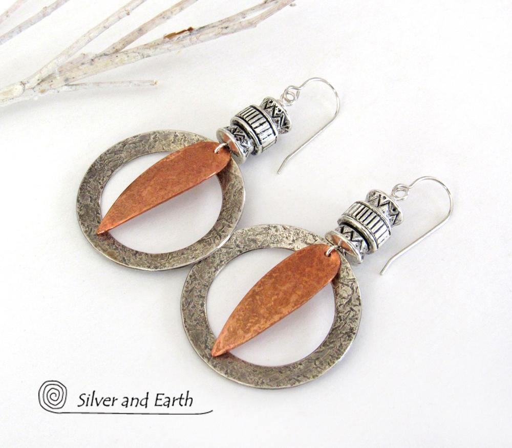 Tribal Sterling Silver & Copper Hoop Earrings - Boho Tribal Mixed Metal Jewelry