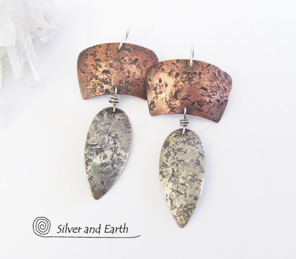 Sterling Silver & Copper Mixed Metal Earrings - Earthy Modern Tribal Jewelry