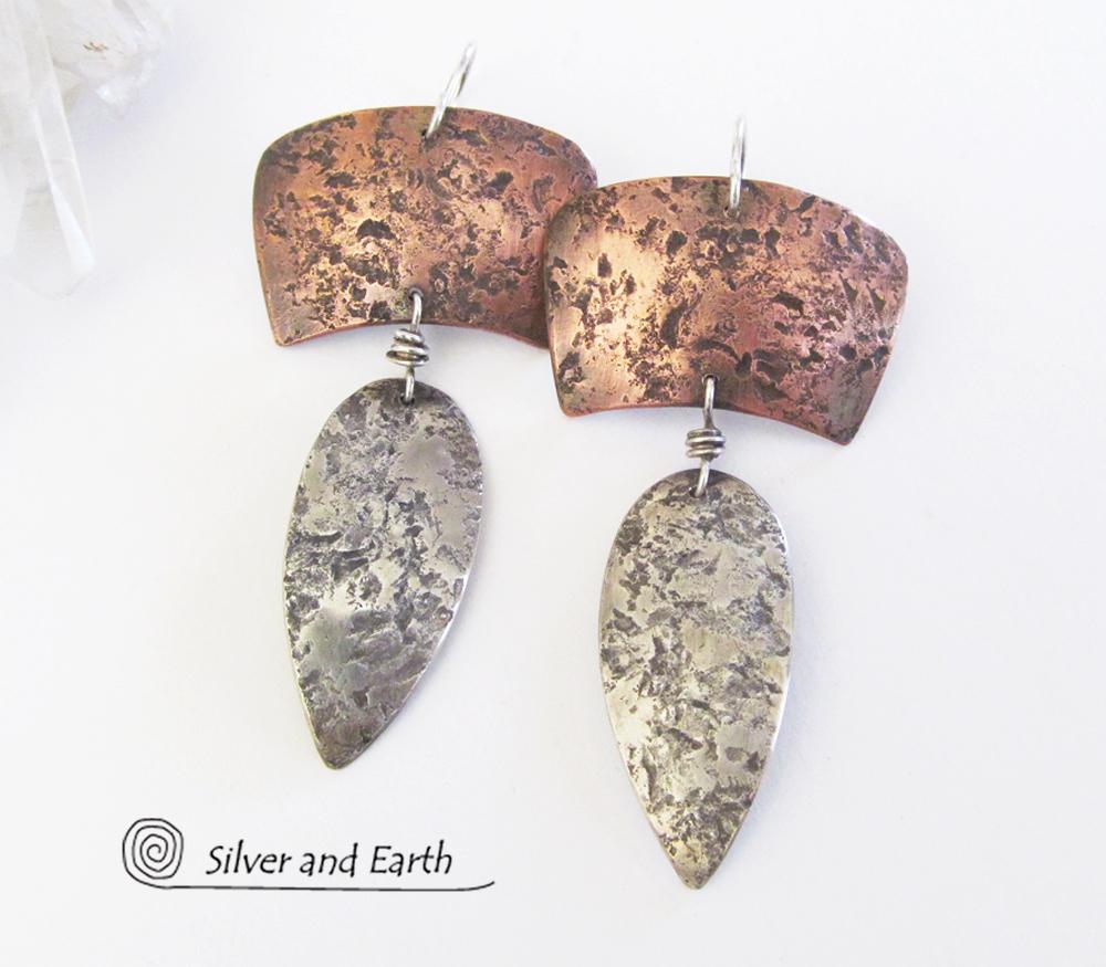 Sterling Silver & Copper Mixed Metal Earrings - Earthy Modern Tribal Jewelry