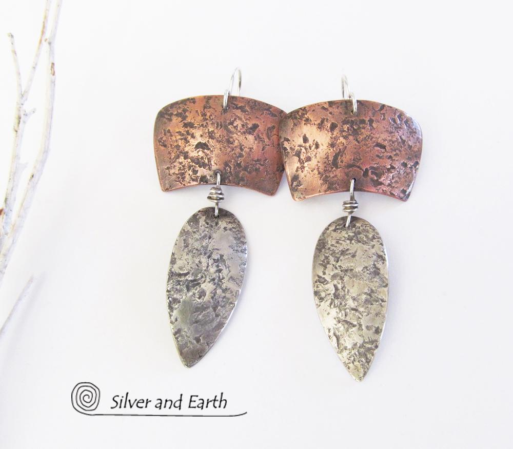 Sterling Silver & Copper Mixed Metal Earrings - Earthy Modern Tribal Jewelry