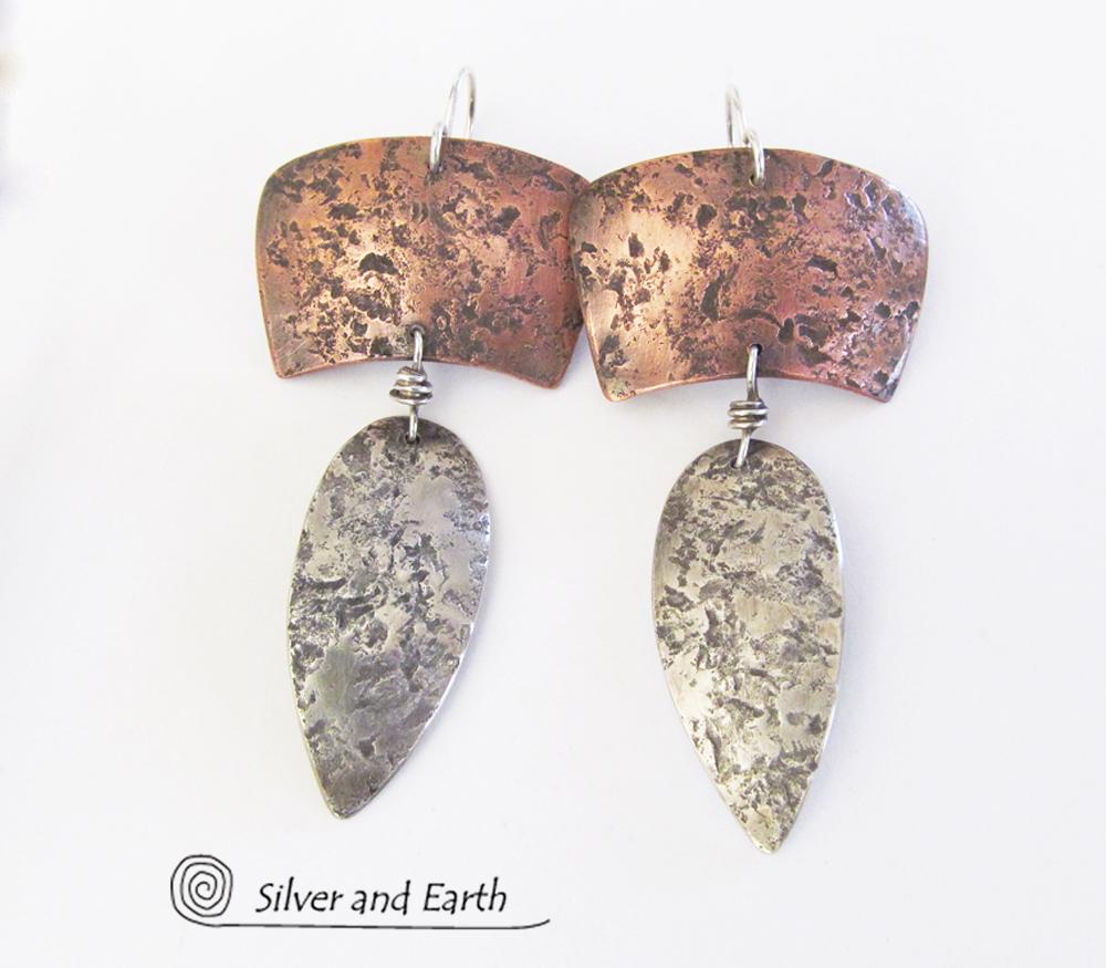 Sterling Silver & Copper Mixed Metal Earrings - Earthy Modern Tribal Jewelry