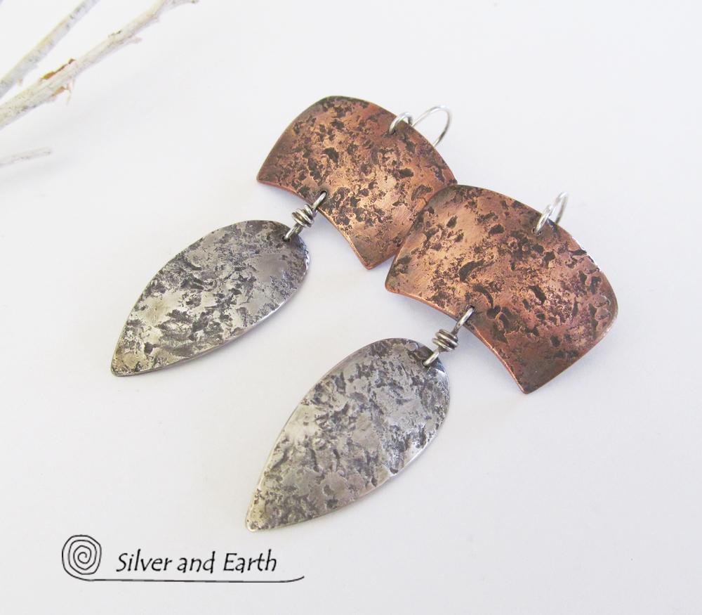 Sterling Silver & Copper Mixed Metal Earrings - Earthy Modern Tribal Jewelry