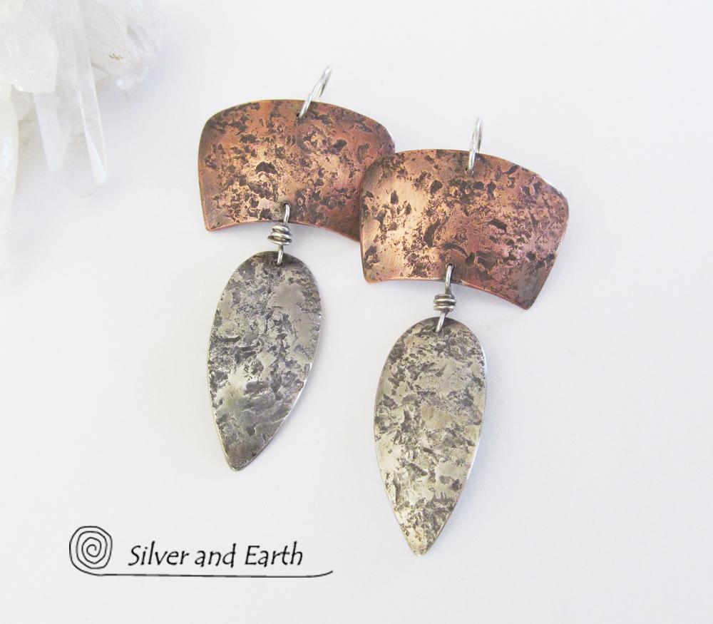 Sterling Silver & Copper Mixed Metal Earrings - Earthy Modern Tribal Jewelry