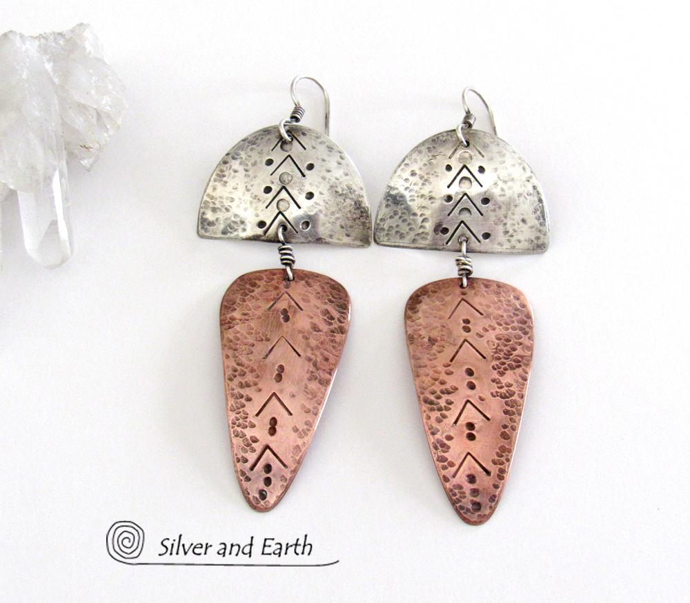 Sterling Silver & Copper Mixed Metal Tribal Earrings - Bold Unique Jewelry