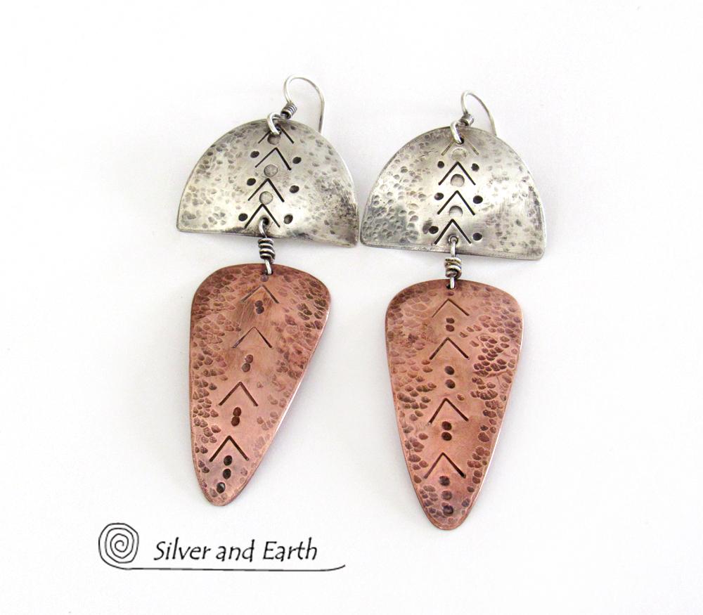 Sterling Silver & Copper Mixed Metal Tribal Earrings - Bold Unique Jewelry