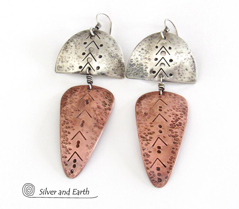 Sterling Silver & Copper Mixed Metal Tribal Earrings - Bold Unique Jewelry