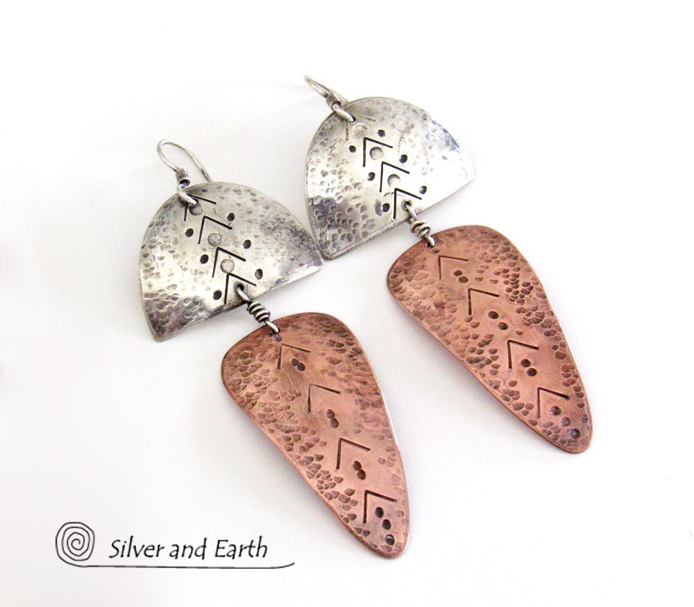 Sterling Silver & Copper Mixed Metal Tribal Earrings - Bold Unique Jewelry