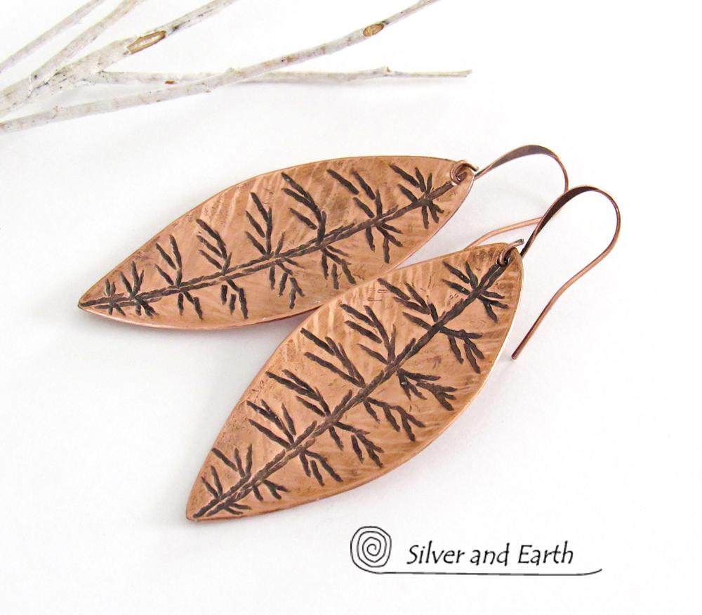 Copper Leaf Earrings with Hand Stamped Texture - Modern Nature Jewelry