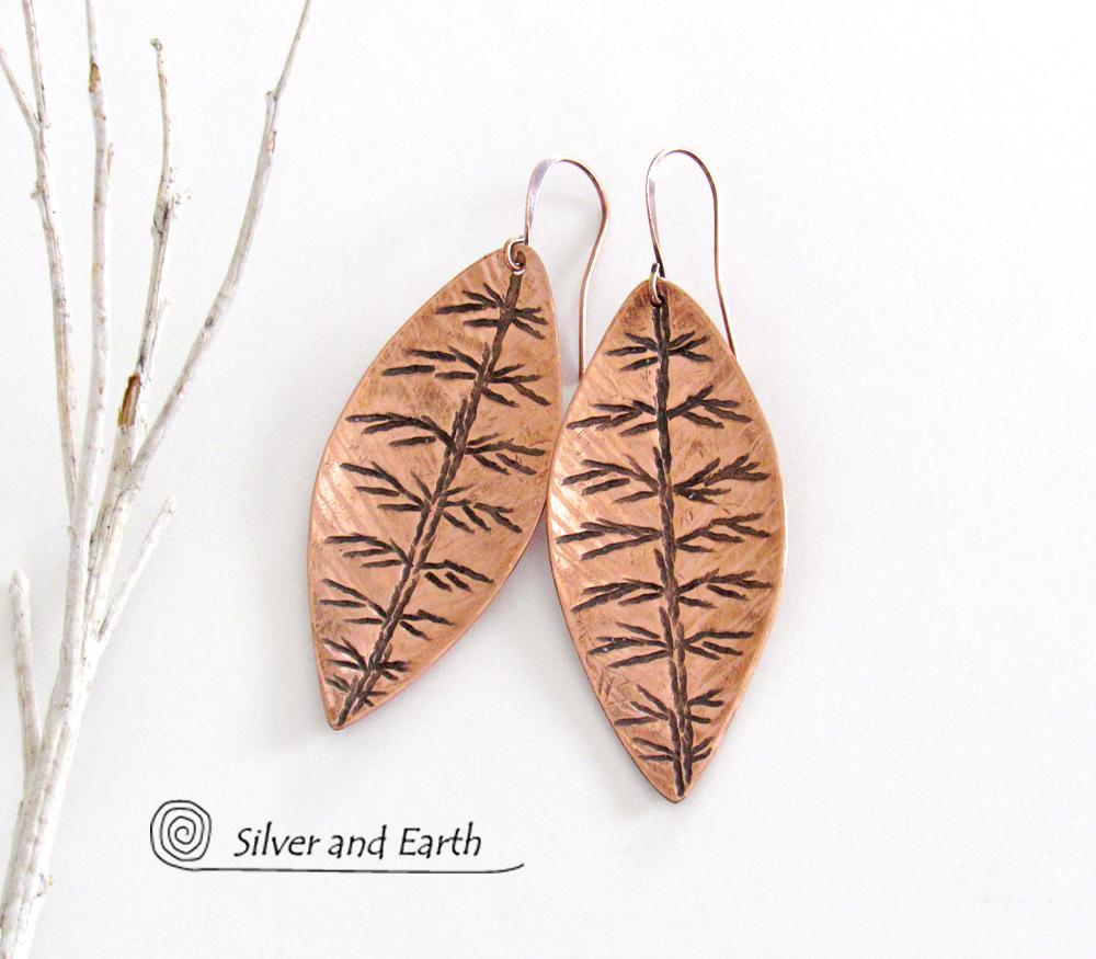 Copper Leaf Earrings with Hand Stamped Texture - Modern Nature Jewelry