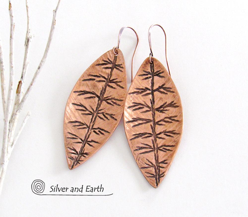 Copper Leaf Earrings with Hand Stamped Texture - Modern Nature Jewelry