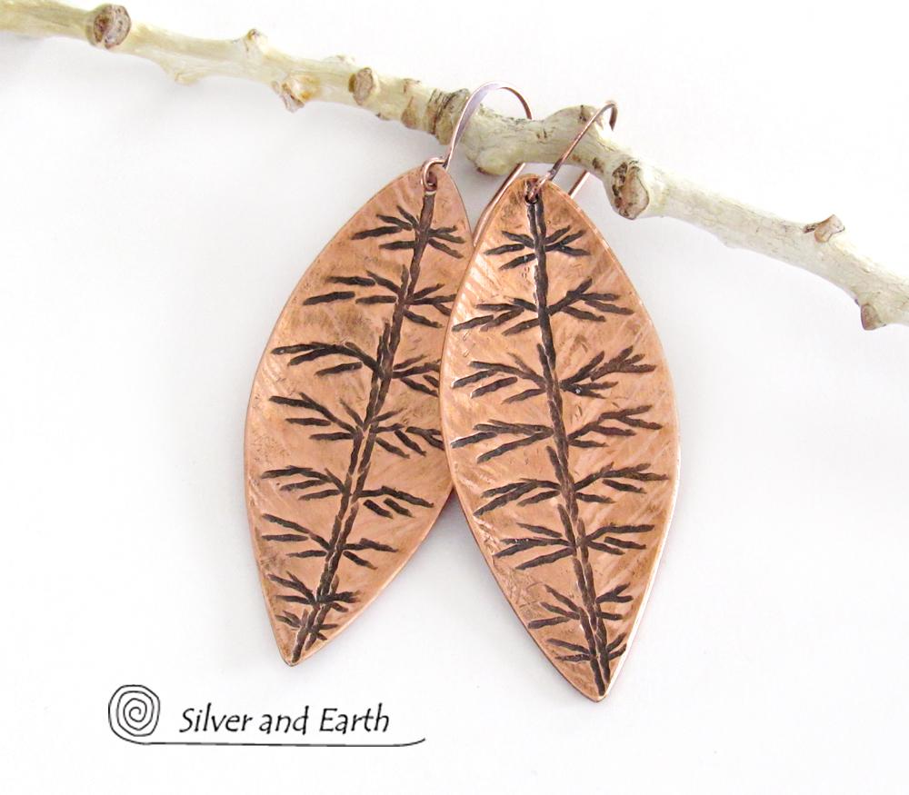 Copper Leaf Earrings with Hand Stamped Texture - Modern Nature Jewelry