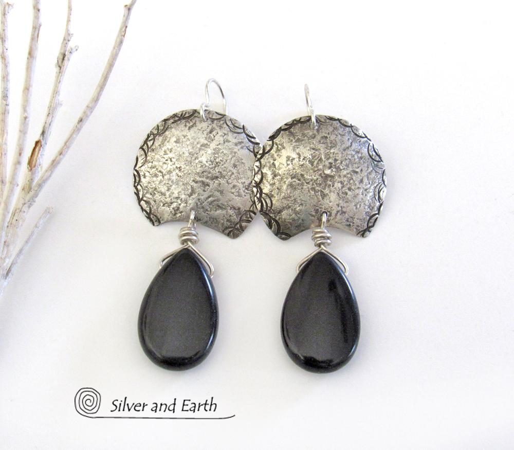 Sterling Silver Earrings with Black Onyx Gemstones - Urban Modern Jewelry