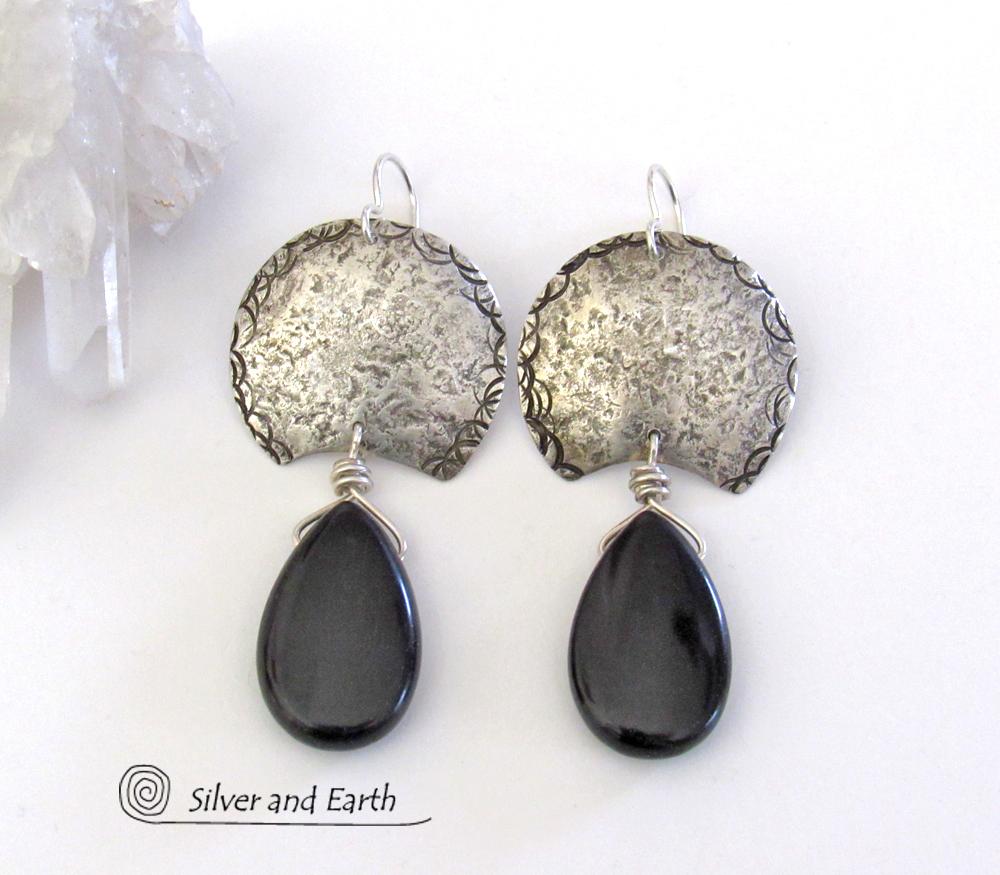 Sterling Silver Earrings with Black Onyx Gemstones - Urban Modern Jewelry