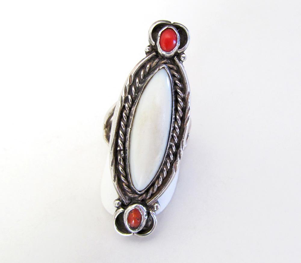Mother of Pearl and Coral Sterling Silver Ring - Vintage Southwestern Jewelry