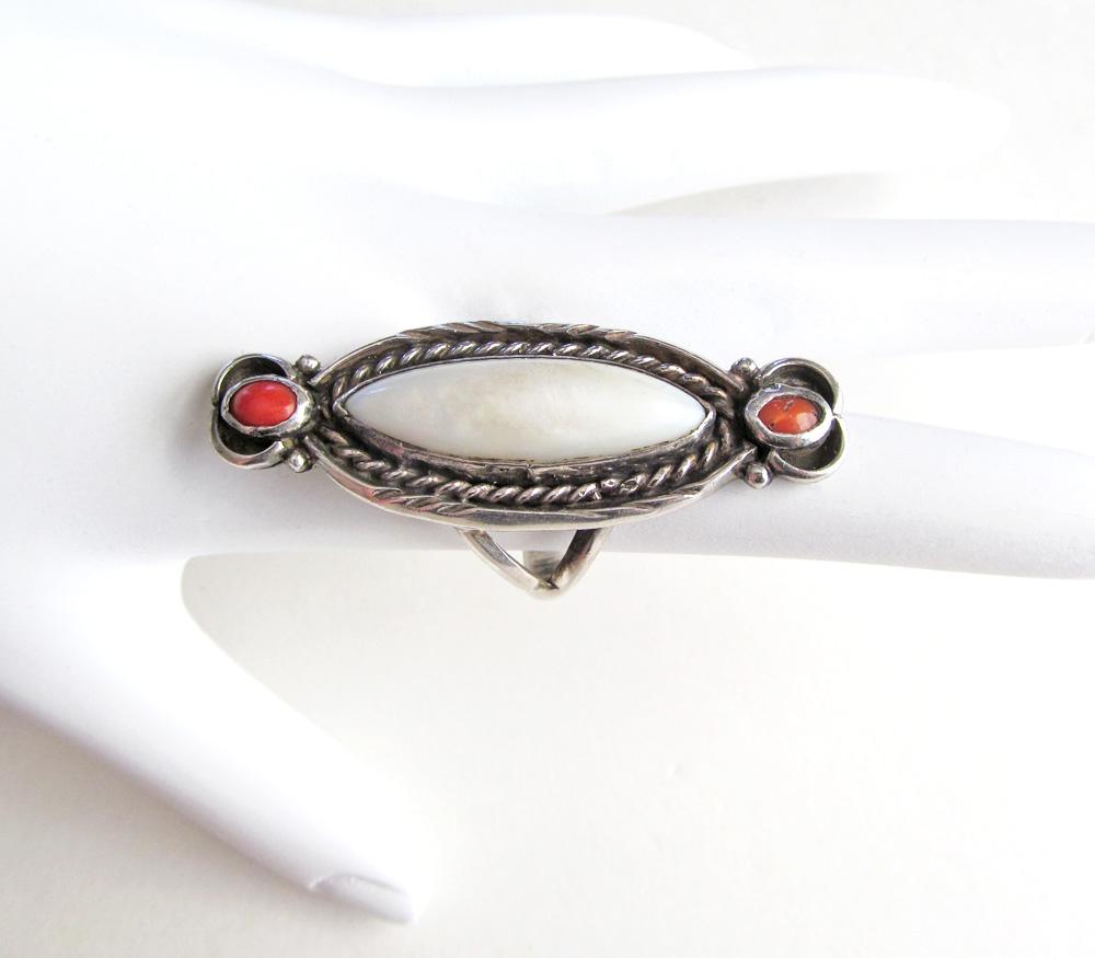 Mother of Pearl and Coral Sterling Silver Ring - Vintage Southwestern Jewelry