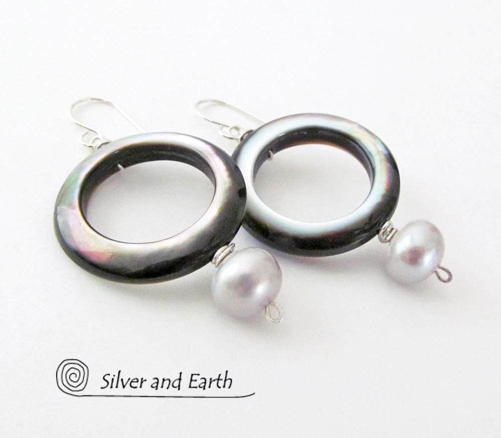 Mother of Pearl Hoop Earrings with White Pearls & Sterling Silver