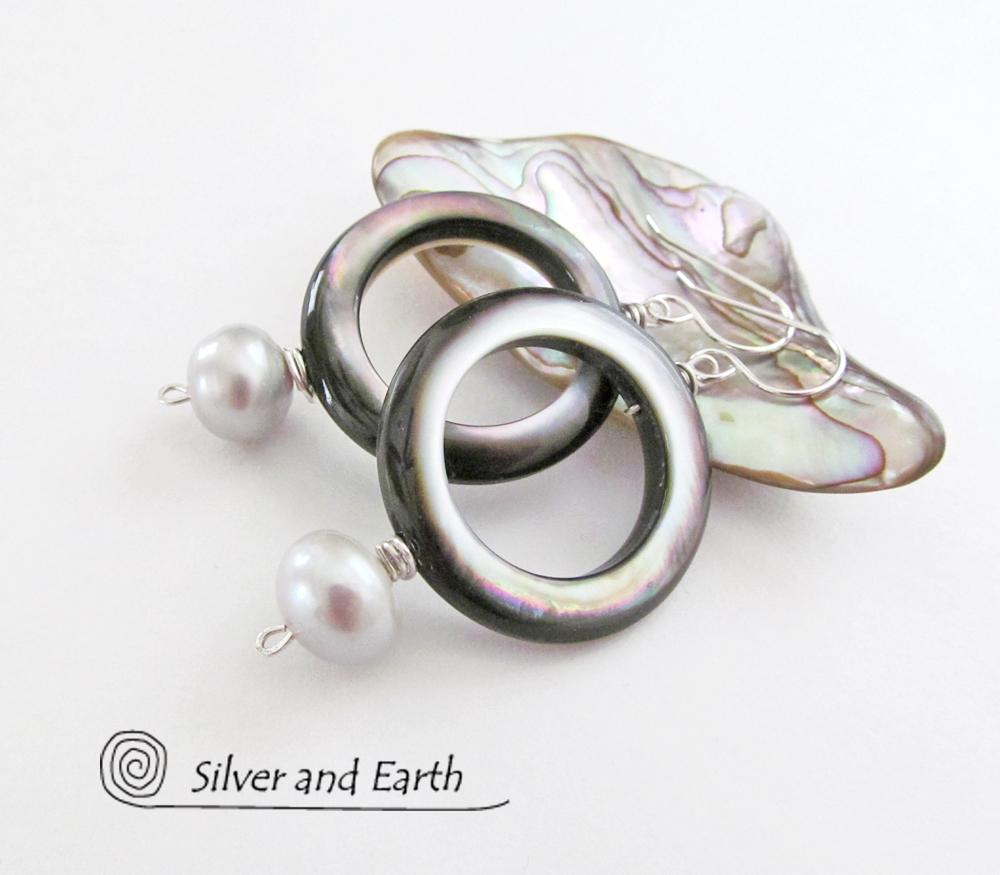 Mother of Pearl Hoop Earrings with White Pearls & Sterling Silver