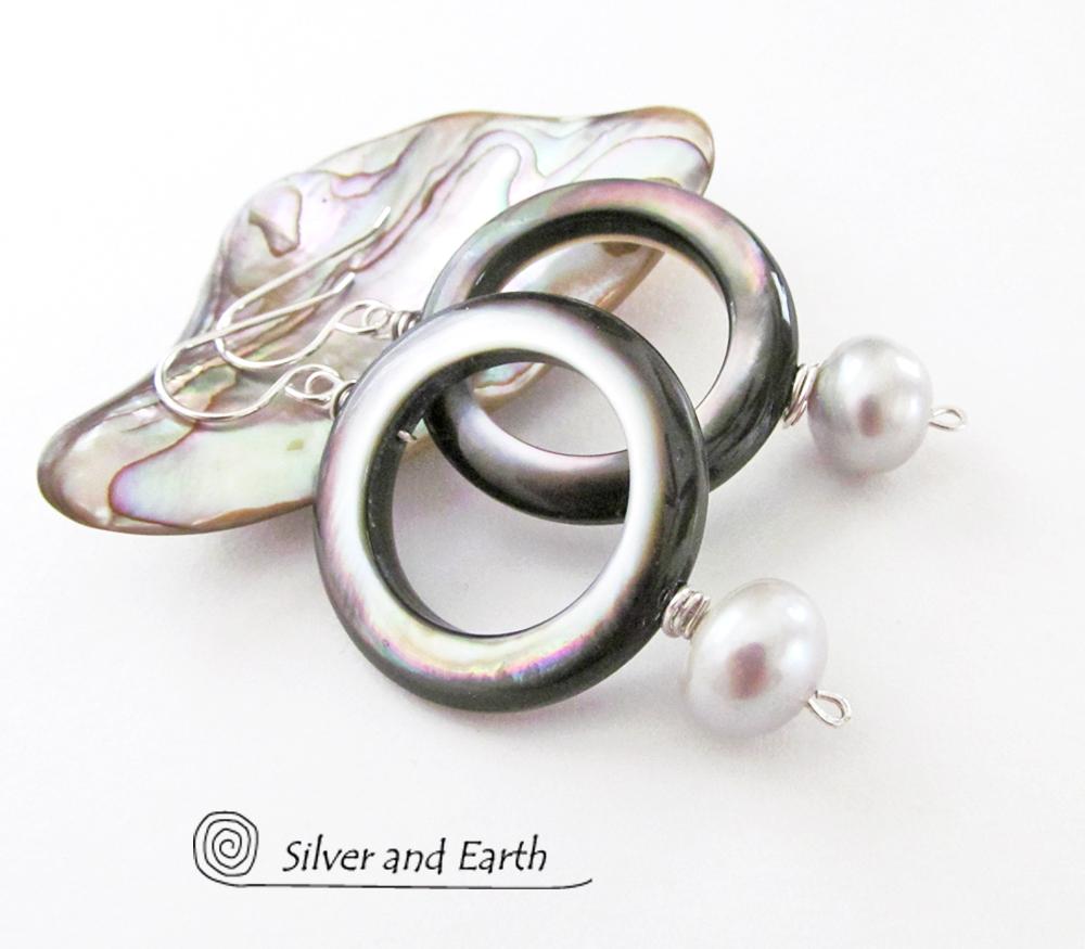 Mother of Pearl Hoop Earrings with White Pearls & Sterling Silver