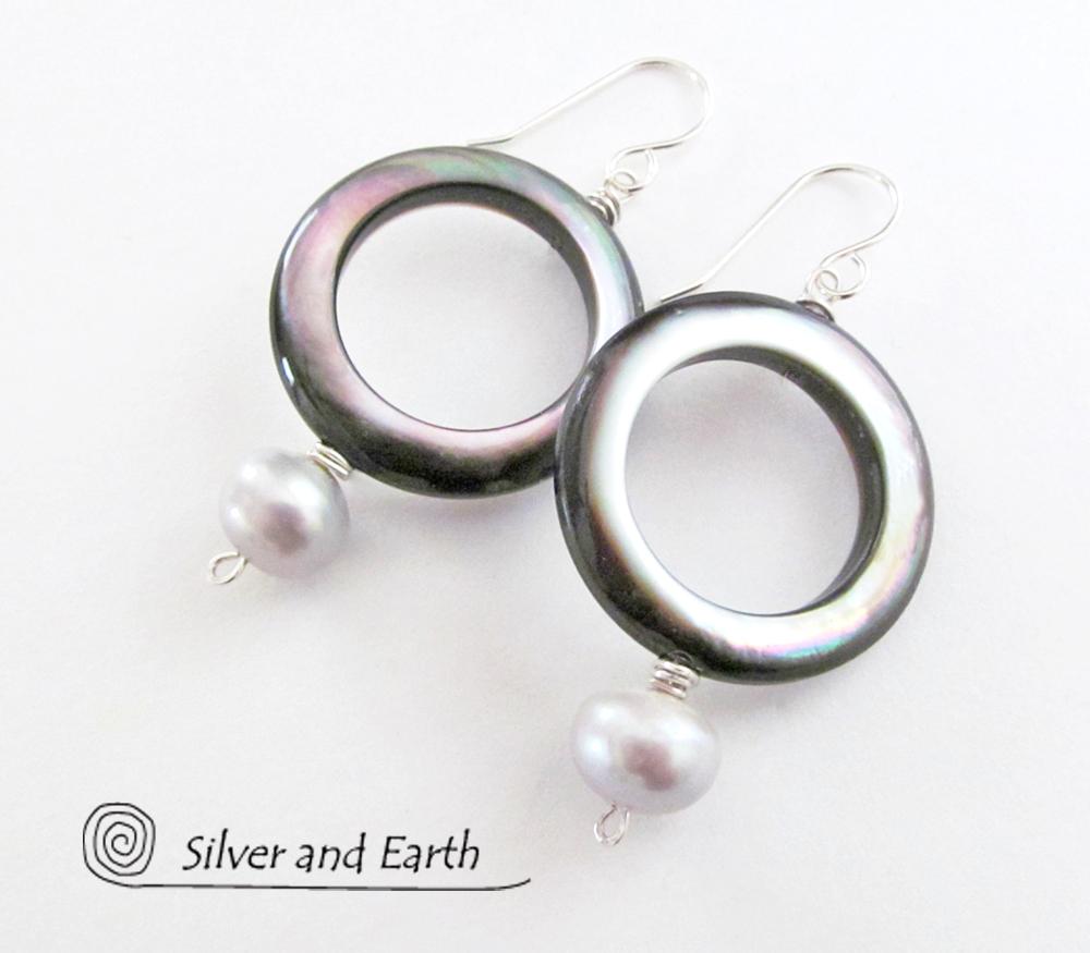 Mother of Pearl Hoop Earrings with White Pearls & Sterling Silver