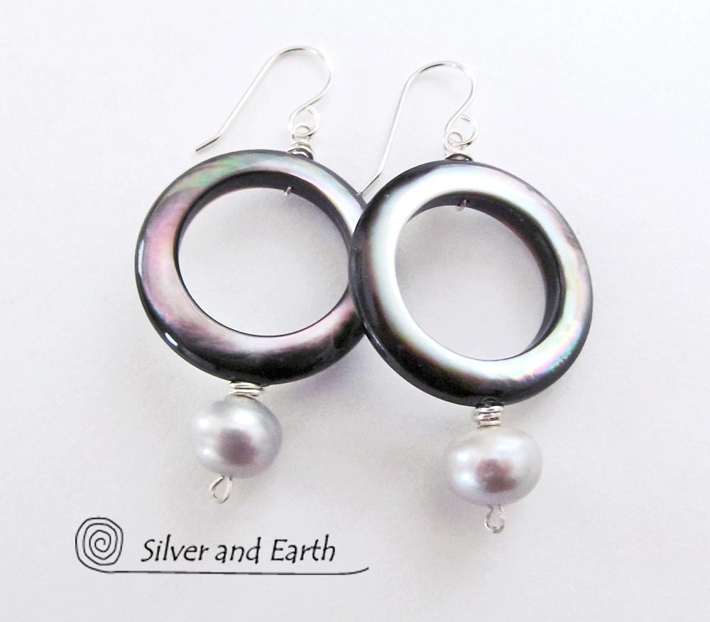 Mother of Pearl Hoop Earrings with White Pearls & Sterling Silver