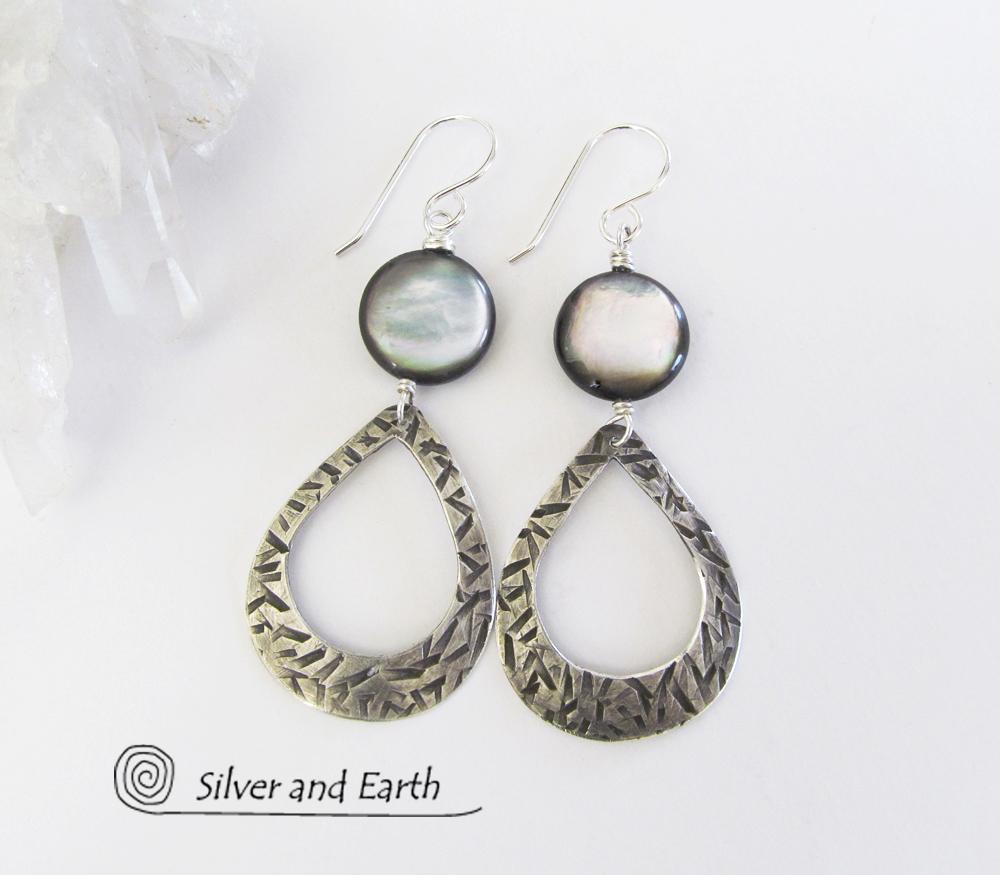 Sterling Silver Hoop Earrings with Mother of Pearl - Modern Elegant Jewelry
