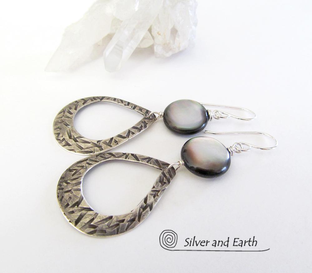 Sterling Silver Hoop Earrings with Mother of Pearl - Modern Elegant Jewelry