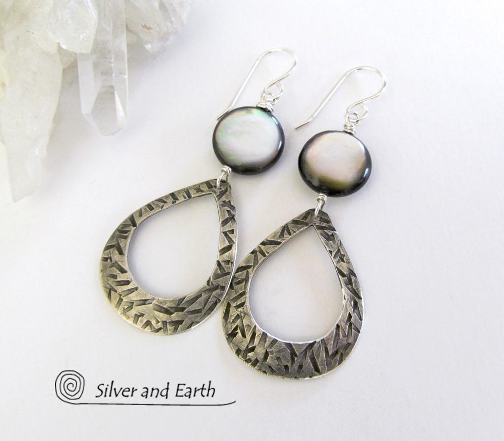Sterling Silver Hoop Earrings with Mother of Pearl - Modern Elegant Jewelry