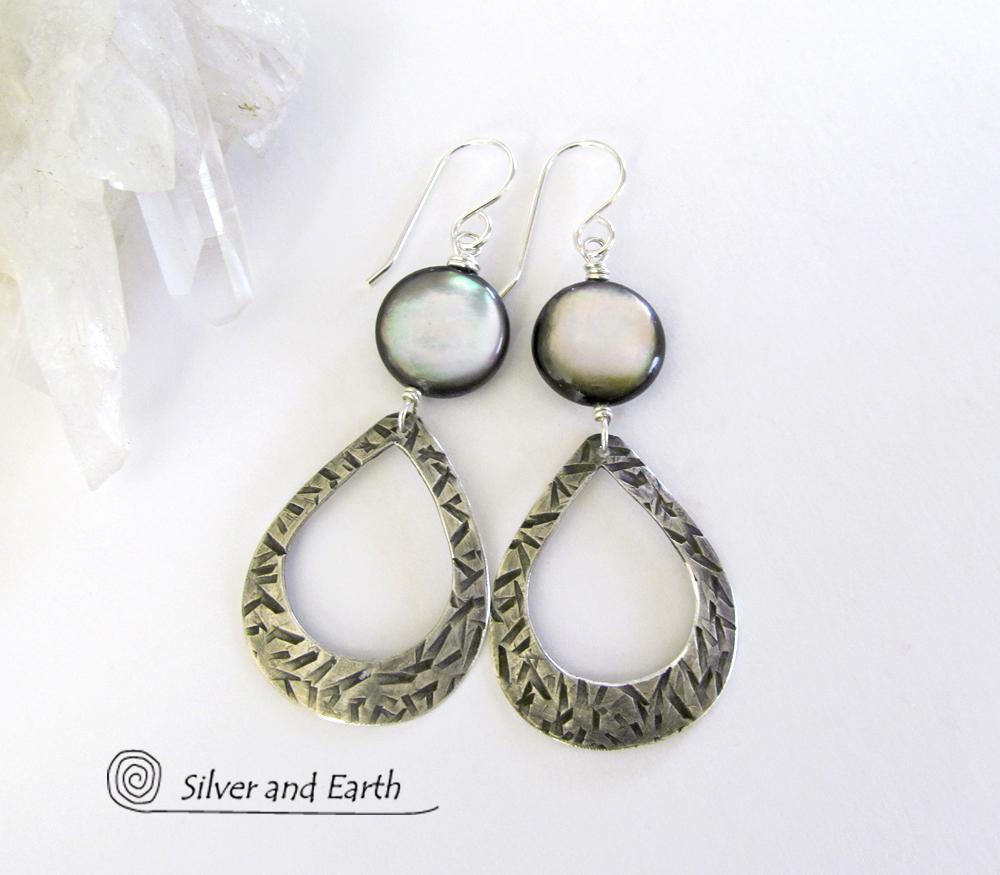 Sterling Silver Hoop Earrings with Mother of Pearl - Modern Elegant Jewelry