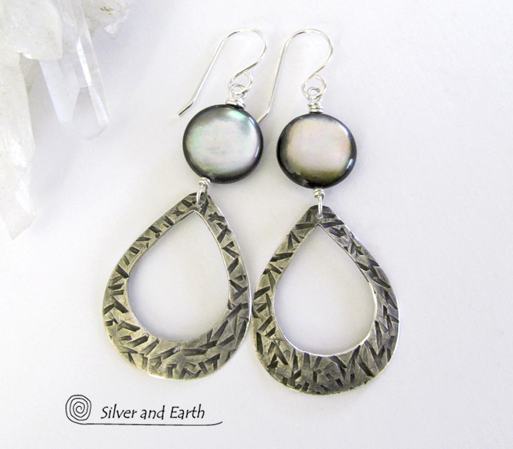 Sterling Silver Hoop Earrings with Mother of Pearl - Modern Elegant Jewelry