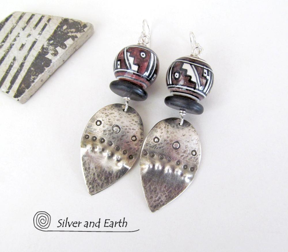 Sterling Silver Earrings with Tribal Southwest Beads - Bold Unique Jewelry