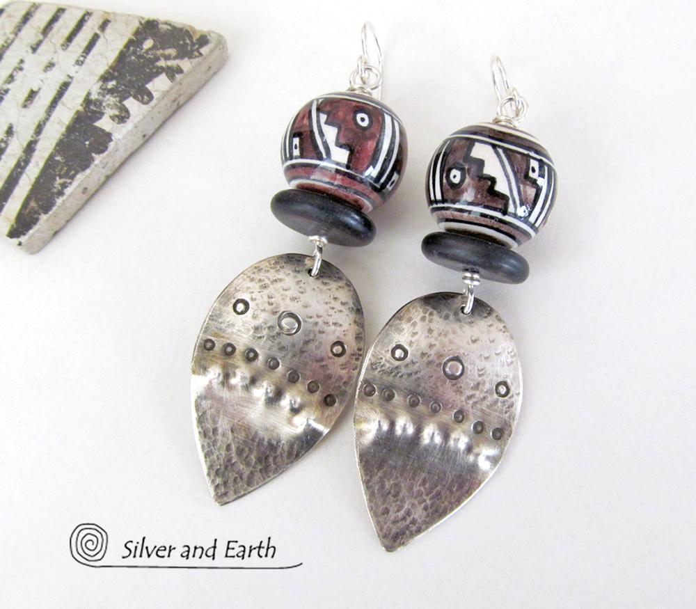 Sterling Silver Earrings with Tribal Southwest Beads - Bold Unique Jewelry