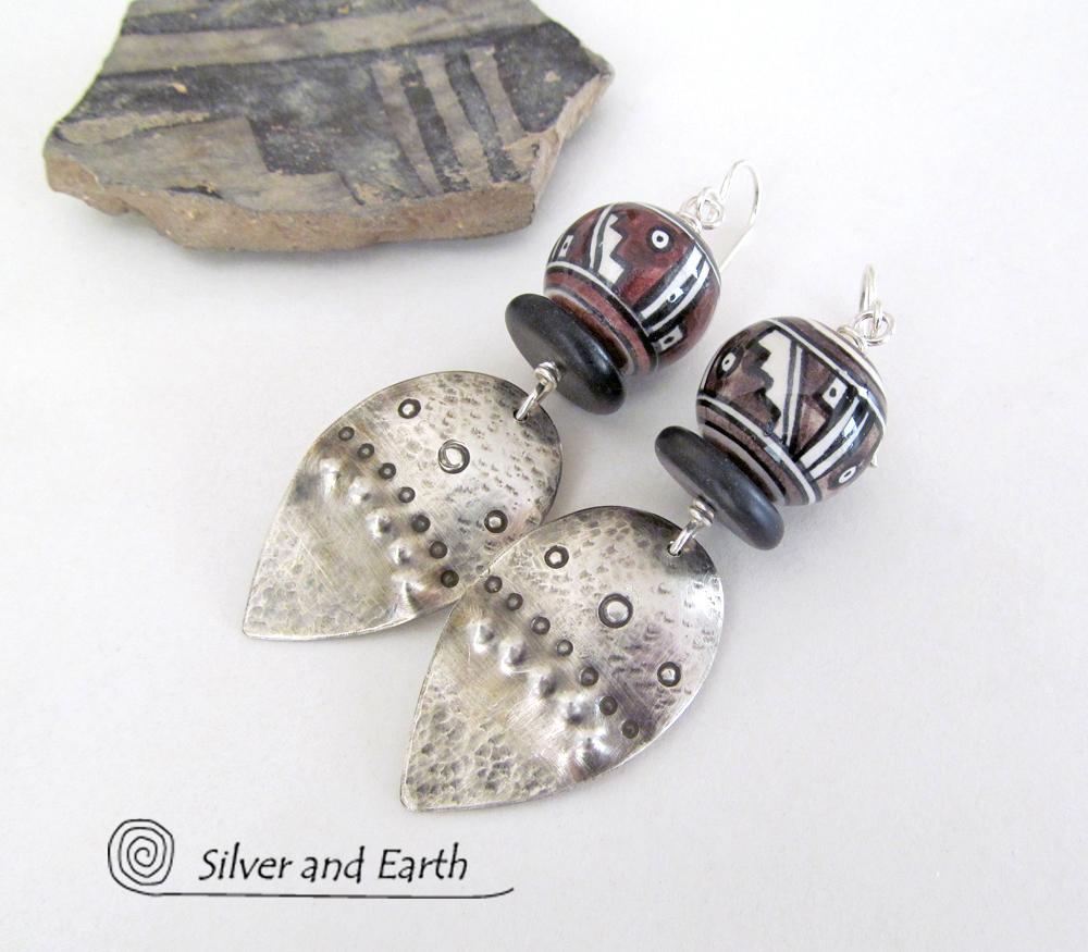 Sterling Silver Earrings with Tribal Southwest Beads - Bold Unique Jewelry