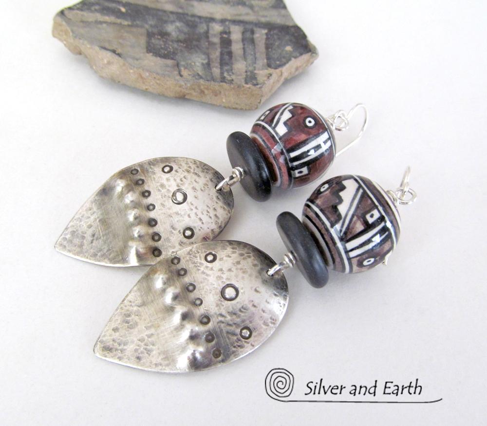 Sterling Silver Earrings with Tribal Southwest Beads - Bold Unique Jewelry