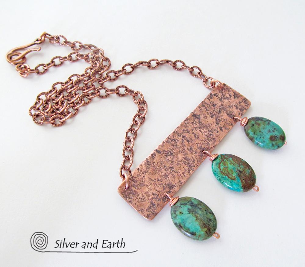 Copper Necklace with African Turquoise  Stones - Artisan Handcrafted Modern Chic Bohemian Jewelry