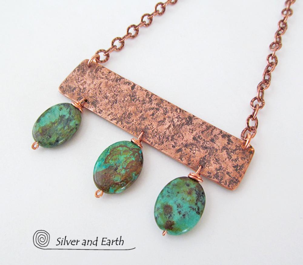 Copper Necklace with African Turquoise  Stones - Artisan Handcrafted Modern Chic Bohemian Jewelry