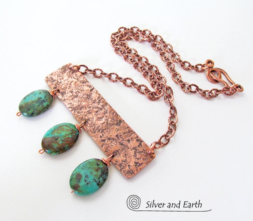 Copper Necklace with African Turquoise  Stones - Artisan Handcrafted Modern Chic Bohemian Jewelry