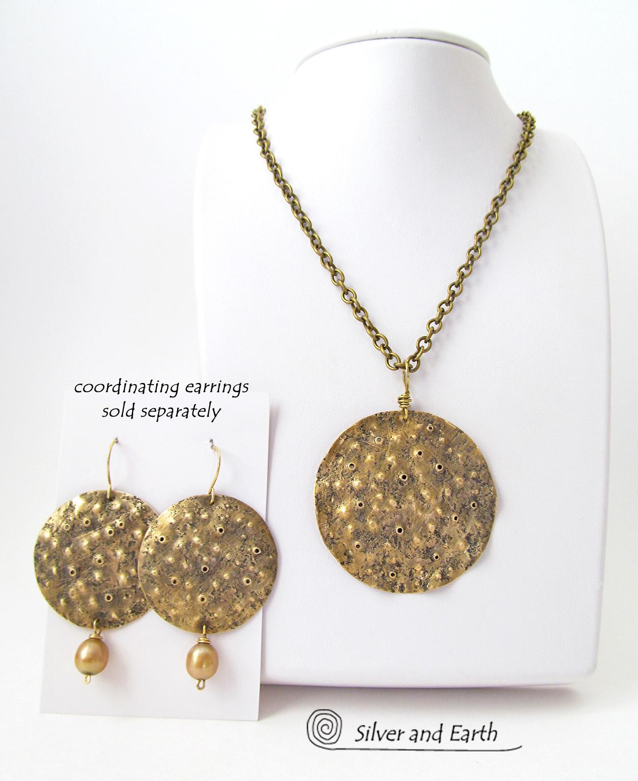Gold Brass Medallion Pendant Necklace with Hammered Organic Texture