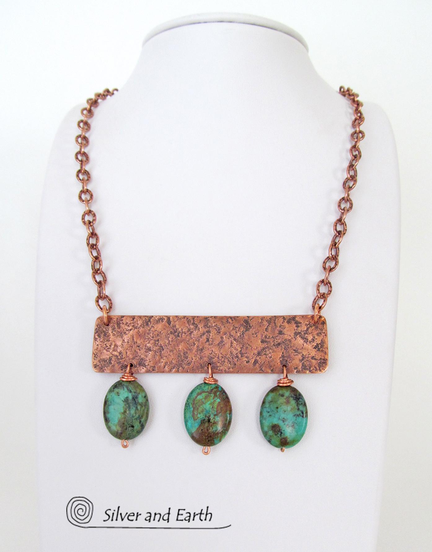 Copper Necklace with African Turquoise  Stones - Artisan Handcrafted Modern Chic Bohemian Jewelry