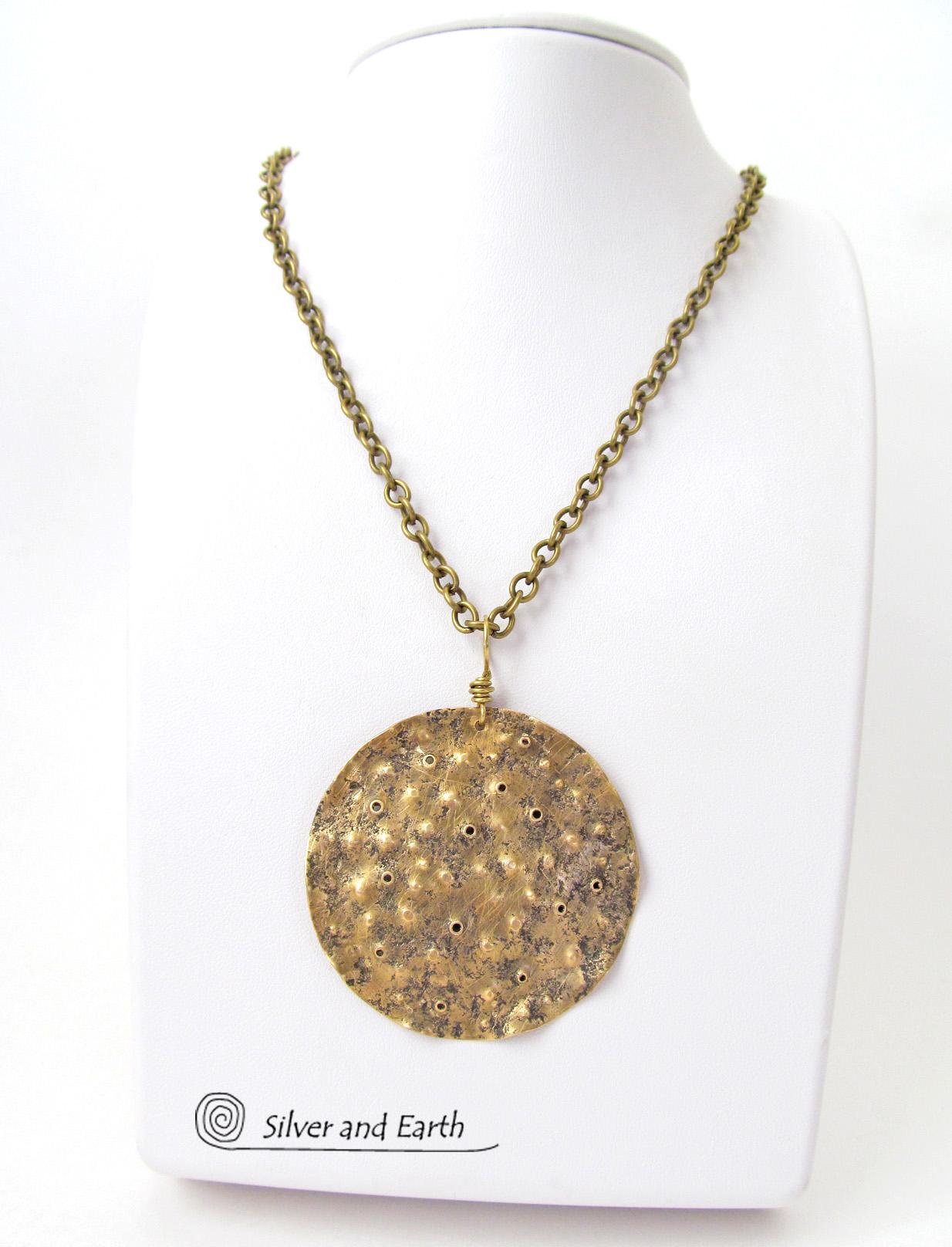 Gold Brass Medallion Pendant Necklace with Hammered Organic Texture